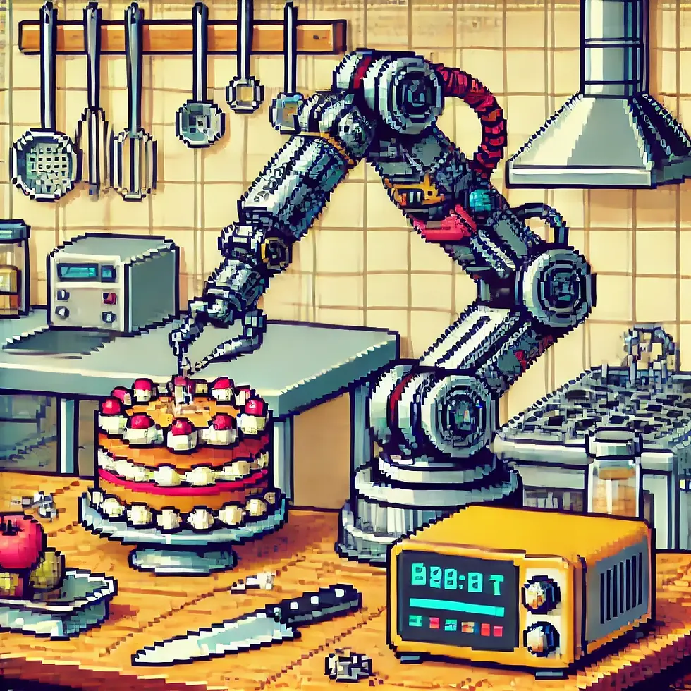Robot arm decorates cake in retro kitchen. Tools hang on tiled wall. Yellow timer displays "08:08." Knife, fruits on wooden table.