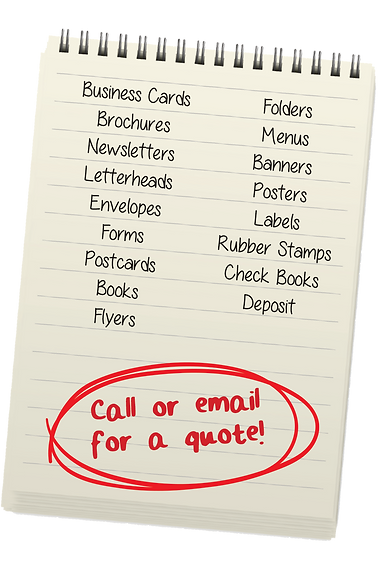 List of services on notepad. Call or email for a quote