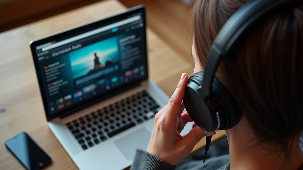 High angle view of a person holding headphones near a laptop with a Christian radio website open