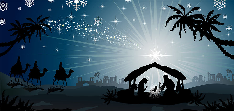 Nativity scene silhouette with Mary, Joseph, baby Jesus under a stable. Star-filled night sky, bright star, silhouetted camels and palm trees.