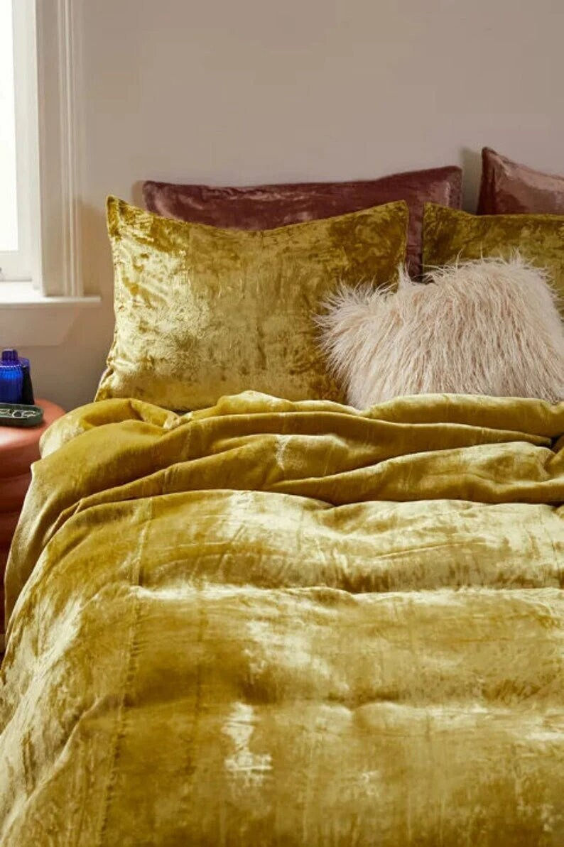 3 Pieces Set Ultra Luxury Lime Crushed Velvet Duvet Cover, Boho Bedding UO Comf