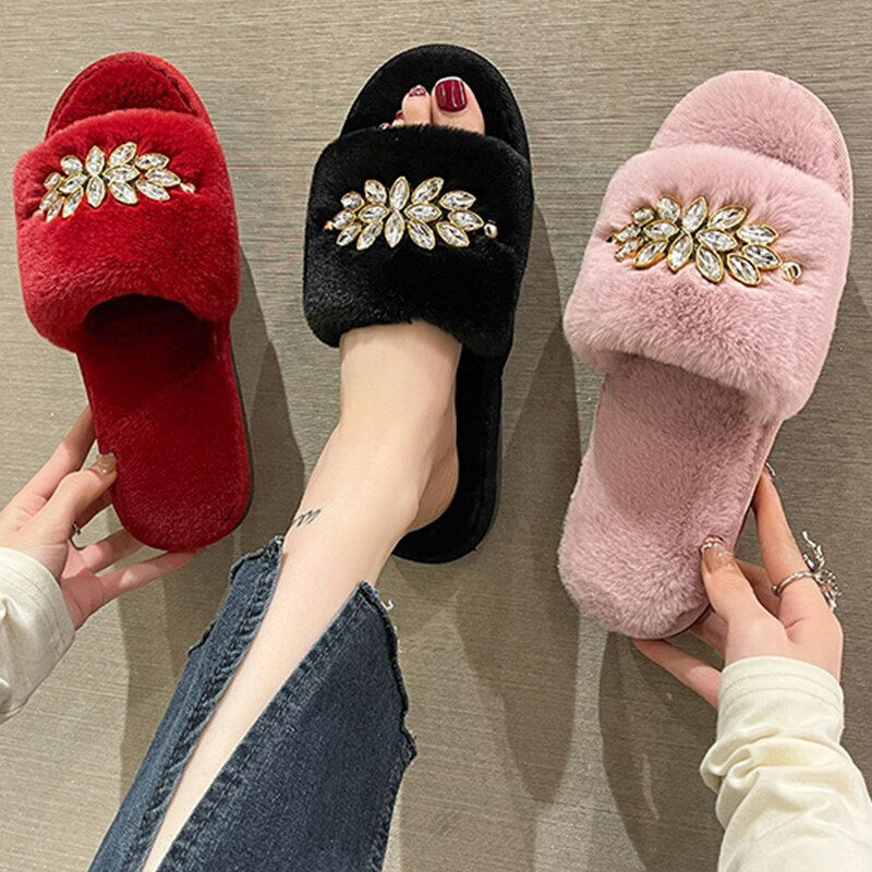 Furry Crystal Flower Design Women Home Flat Slippers Solid Color Open Toe Hom
