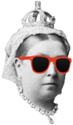 The Vic Theatre's logomark of Queen Victoria wearing modern red sunglasses
