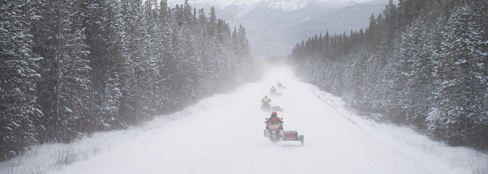 A group of motorcyclists with sidecars, make their way through a snowy, tree lined forest road, in near white-out conditions.
