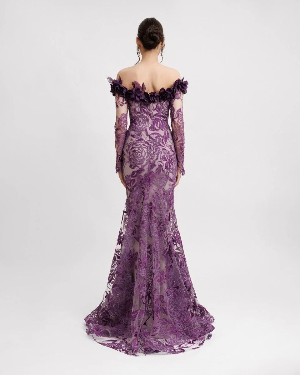 Thumbnail: Floral Feathered Off-the-shoulder Dress