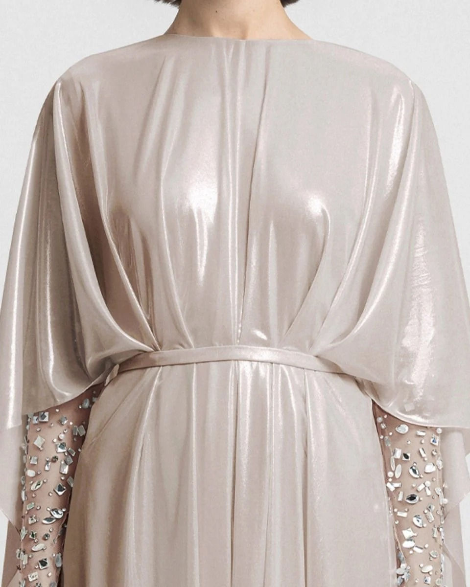 Thumbnail: Embroidered See-Through Sleeves Beige Kaftan