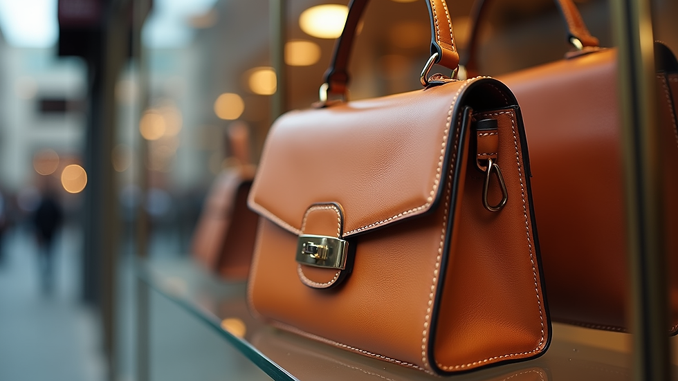Eye-level view of a stylish designer handbag on display