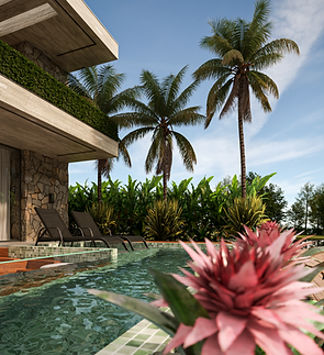 Paisagismo em torno da piscina da C House. Residência contemporânea projetada para um condomínio fechado no litoral norte gaúcho, na cidade de Xangri-Lá, Rio Grande do Sul.