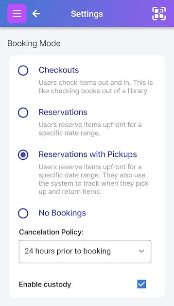 image booking_options_screen.jpg Scanlily settings screen showing the booking options