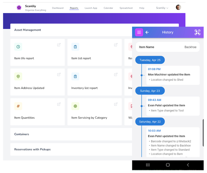 dashboard_and_history.png Scanlily User Website reporting menu next to Scanlily Mobile history view