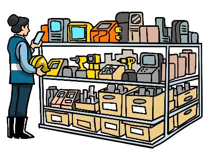 doing_inventory.jpeg. Surveyor using mobile device to inventory shelves full of construction-related instruments and tools