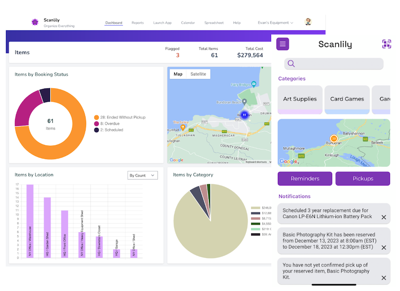 both_dashboards.png Scanlily web dashboard showing total quantity, cost and value of items. It also shows four graphical reports: Items by Booking Status, a map of item locations, Items by Location and Items by Category. Also contains image of Scanlily's mobile dashboard showing map for items, Reminder button, Pickup button, and list of Notifications such as a notification that a Lithium battery pack needs has reached its 3 year replacement time.