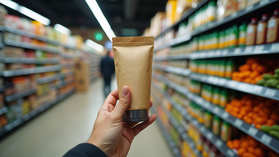 Eye-level view of a person holding a product in a grocery store