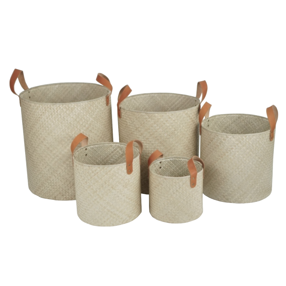 Set of 5 White Round Basket with Handle