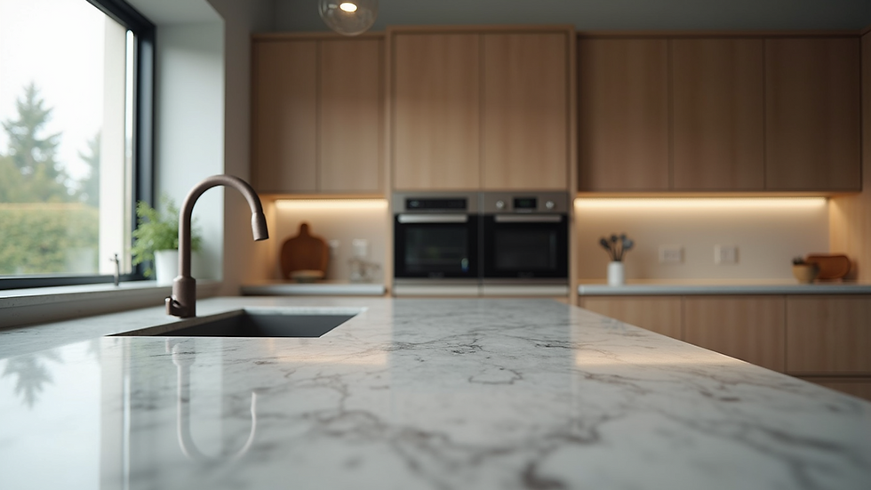 Close-up of a modern kitchen island with minimalist design and integrated appliances