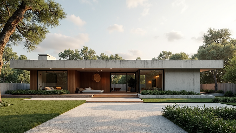 Wide angle view of a modern minimalist house exterior with sustainable materials