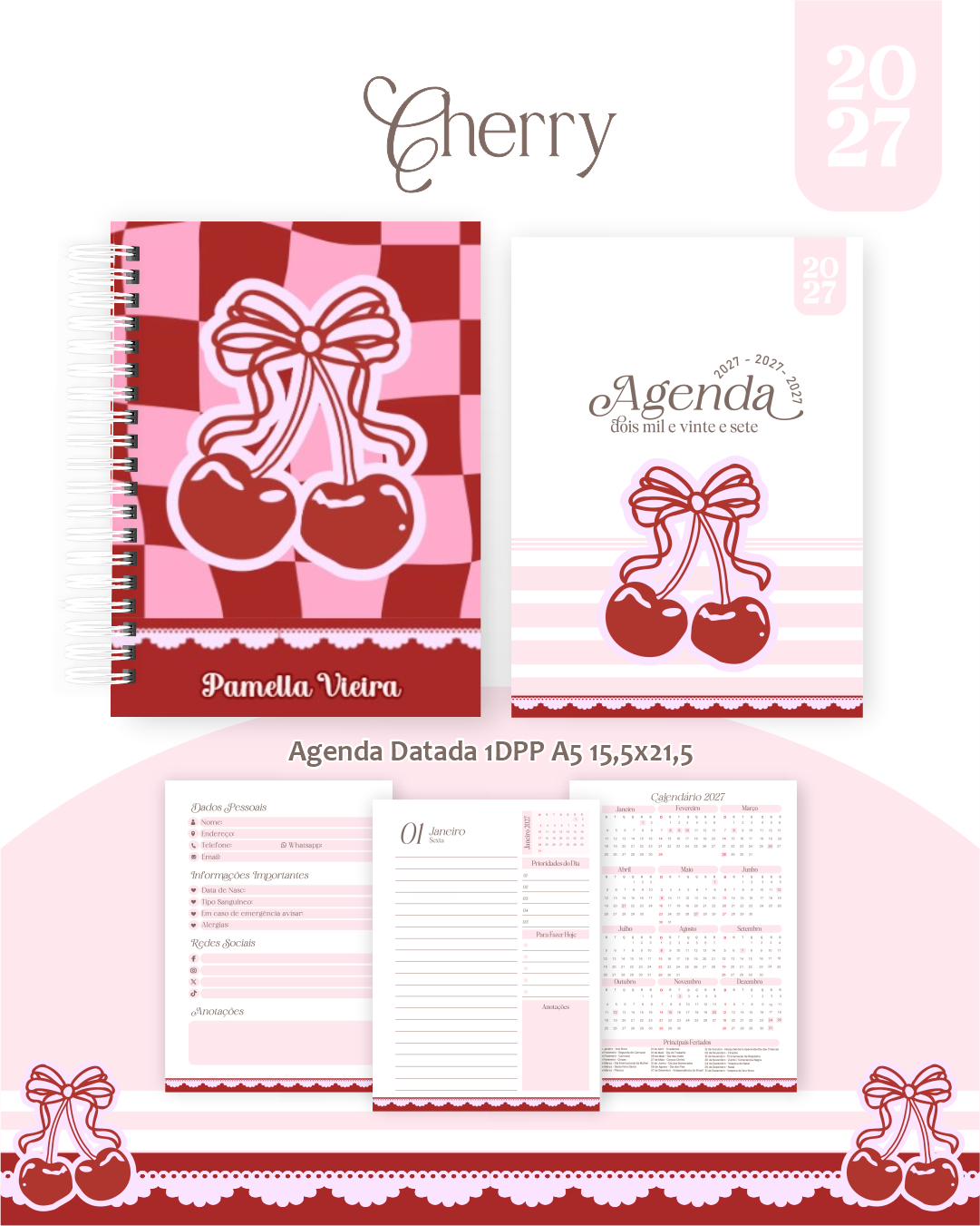 Combo Encadernação Agenda 2027 - Cherry (Cerejas)