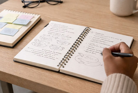 Adult writing in a notebook at a desk, symbolising personalised online therapy for ADHD and related emotional or practical difficulties.