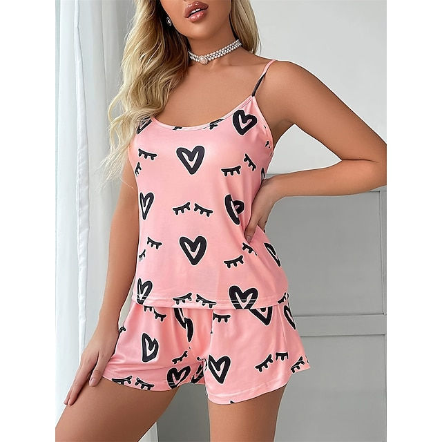 Thumbnail: Women's Heart Print Pajamas Sets Cami Top and Shorts Sets  Elastic Waist Casual