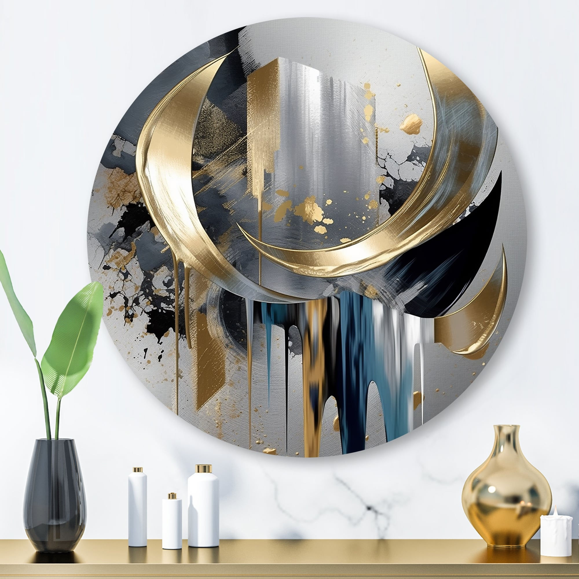 Designart "Abstract Shapes And Lines I" Abstract Marble Metal Round Wall Art