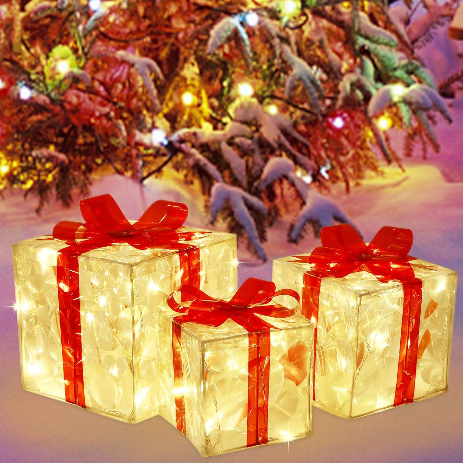 Lulu Home Christmas Lighted Boxes, Set of 3 60 LED Light Up Decor Outdoor, Ligh