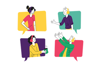 Four team members in separate squares chatting