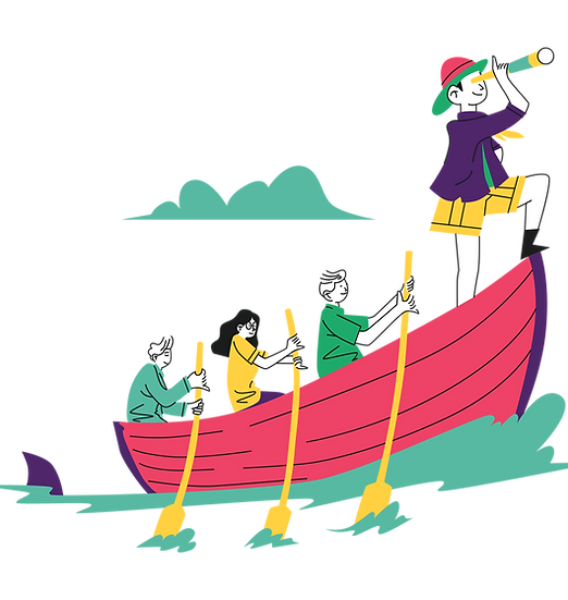 Team leader standing at helm of canoe cartoon