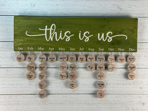This unique wooden board serves as a charming family birthday calendar. Crafted from quality wood, the board features the names of all twelve months neatly written across the top. Below each month's name, small hooks are attached. Each family member's birthday is marked on a small wooden tag, with the names and dates written on them, and connected to the corresponding month's hook with a small ring. This simple yet thoughtful design not only keeps track of birthdays but also adds a warm, personal touch to any home decor.