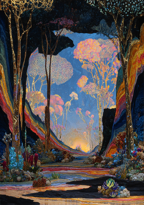 illustration of a big portal opening with ornamental details onto its walls and the sky beyond