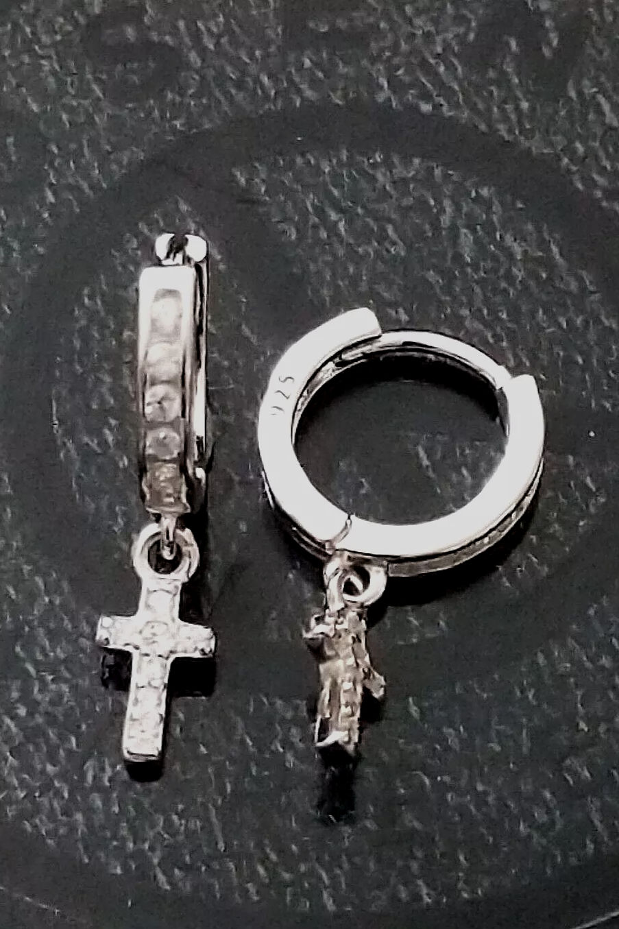 Miniatura: 925 Silver Drop Dangle Tiny Cross CZ Hoop Earrings