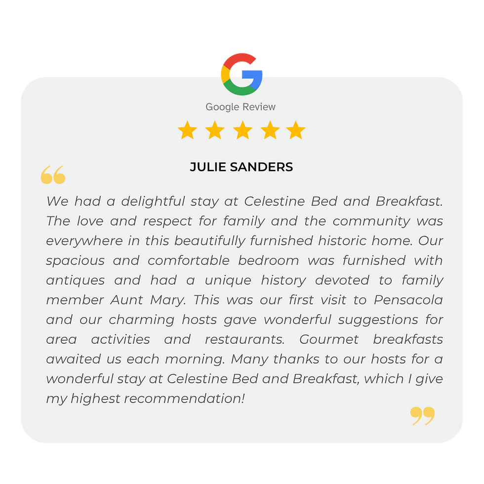 Five-star guest review for Celestine Bed and Breakfast praising the historic home, personalized hospitality, comfortable accommodations, local recommendations, and gourmet breakfasts.