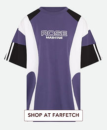 Martine Rose purple logo-print T-shirt with black and white colorblock panels, short sleeves, crew neck and sporty oversized shape.