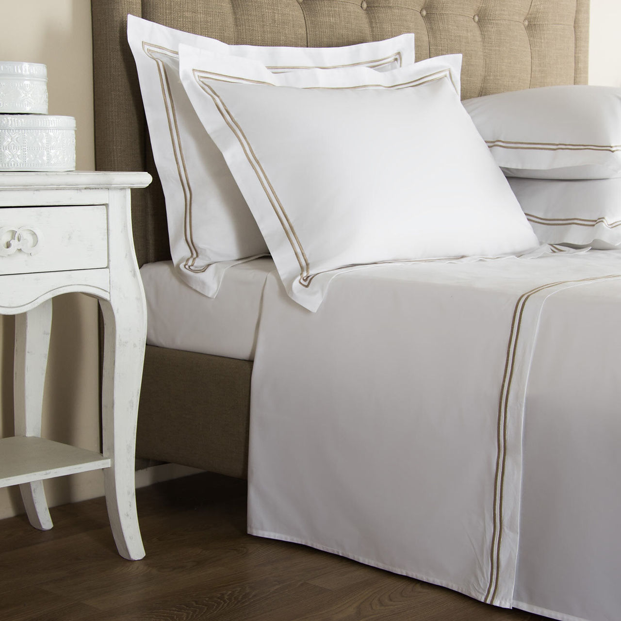Frette Classic white and khaki cotton percale sheets with embroidered hotel border