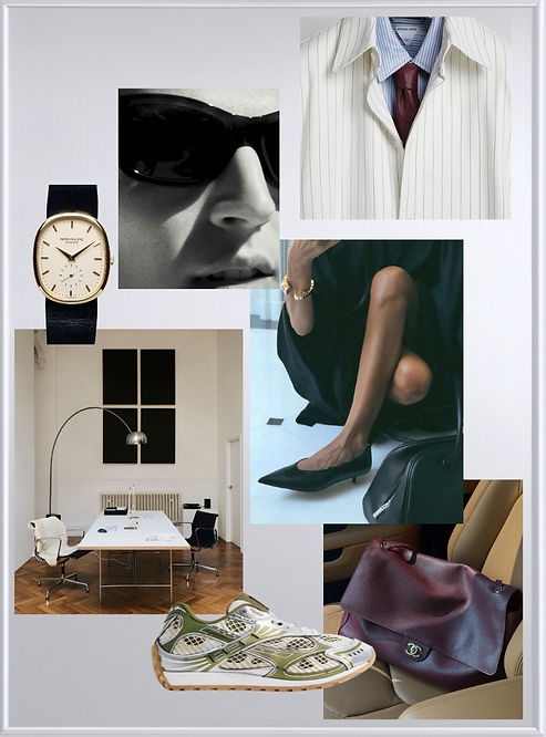 Modern Metropolitan daytime edit moodboard with designer work bag, Patek Philippe watch, sharp tailoring, pointed kitten heels, luxury office interior, city sneakers and polished workwear styling.
