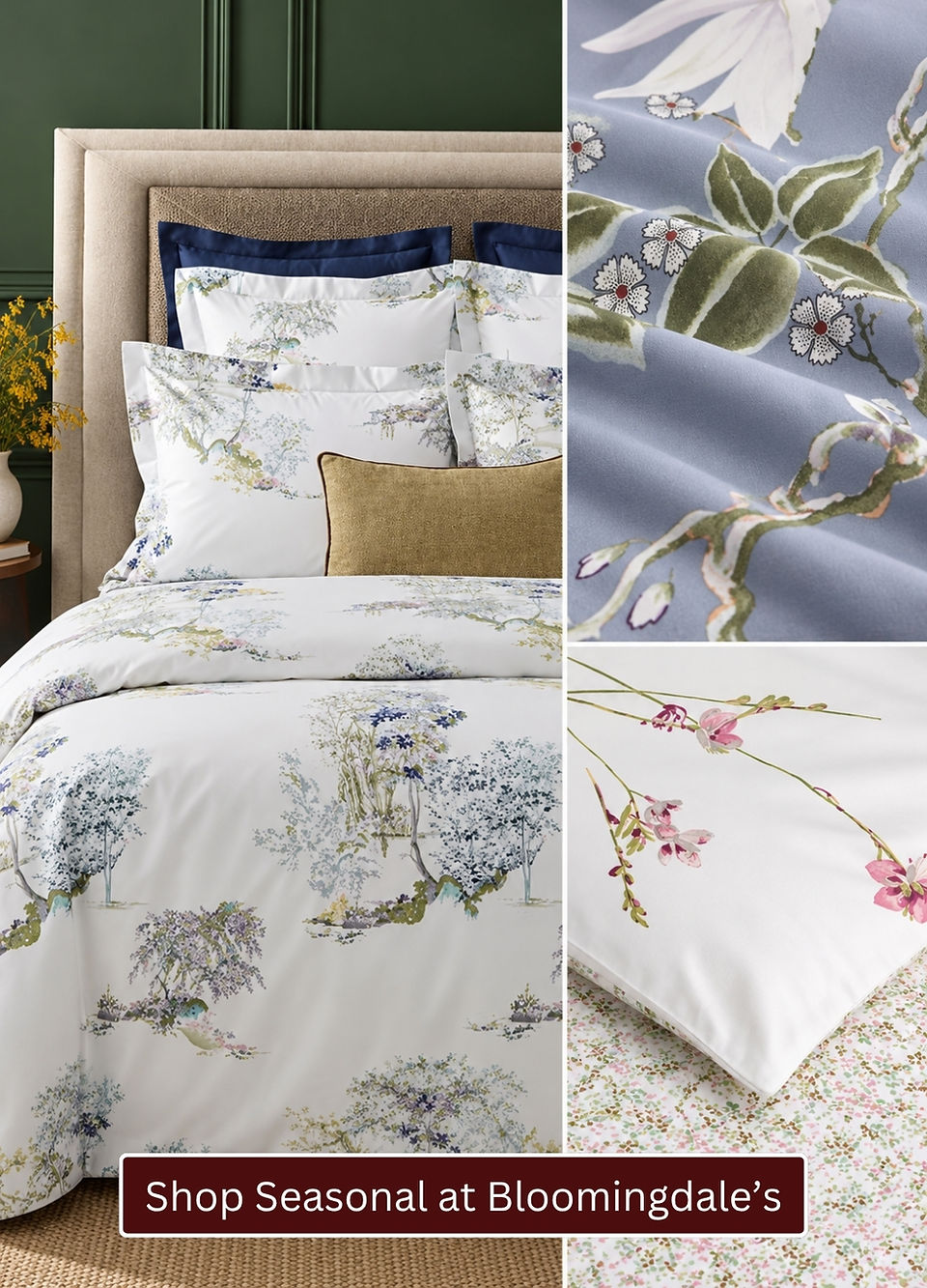 Yves Delorme seasonal luxury bedding collections featuring botanical and floral prints in soft green, blue and pink tones, with coordinated duvet covers, pillow shams and decorative bedding details.