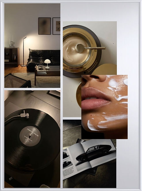 Luxury night-at-home moodboard with rich night cream, skincare close-up, black leather sofa, vinyl record, dim apartment lighting and a coffee-table car book.