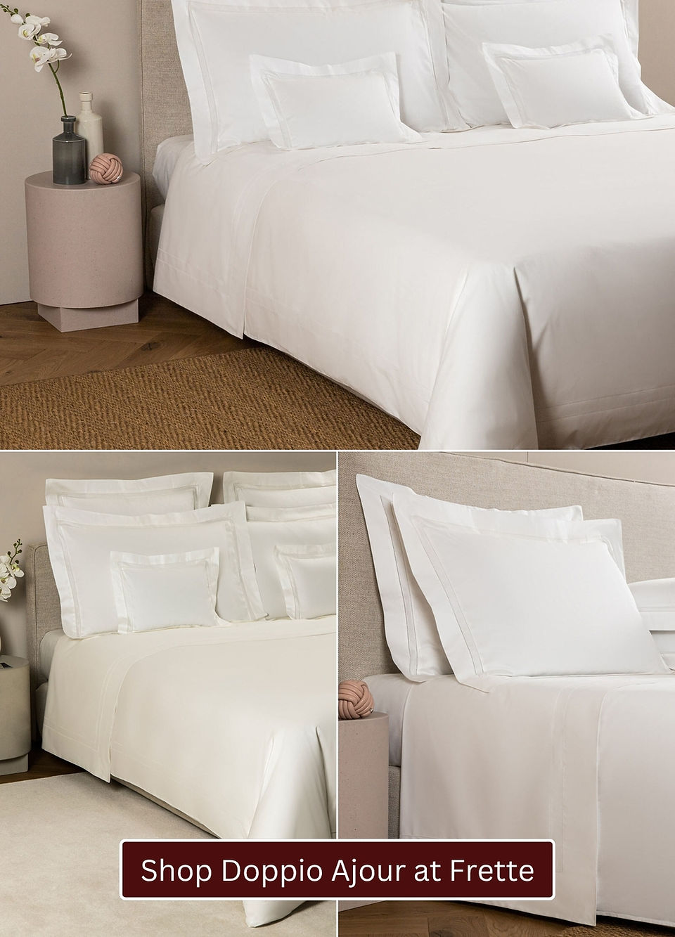 Frette Doppio Ajour luxury bedding collection featuring cotton sateen sheets, duvet covers and pillow shams with signature double open hemstitch detailing.