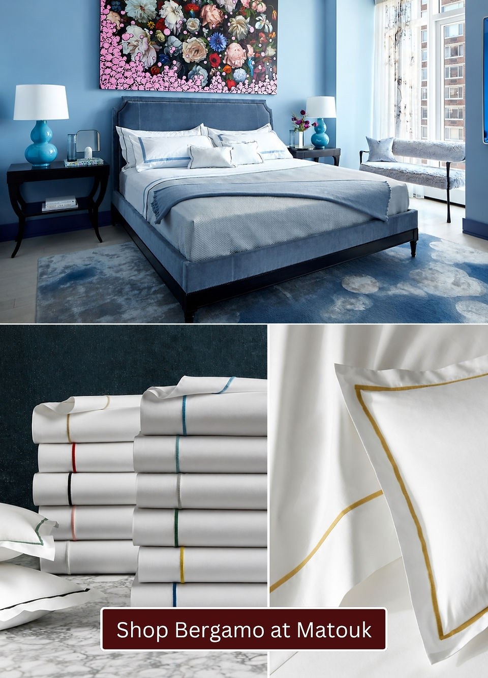 Matouk Bergamo luxury bedding collection featuring Egyptian cotton percale sheets in Baltic, Honey and assorted satin-stitch colors.