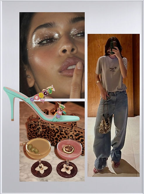 Cool night-out moodboard with loose jeans, glitter eye makeup, turquoise embellished heels, leopard bag, cocktails and sparkly mini handbag.