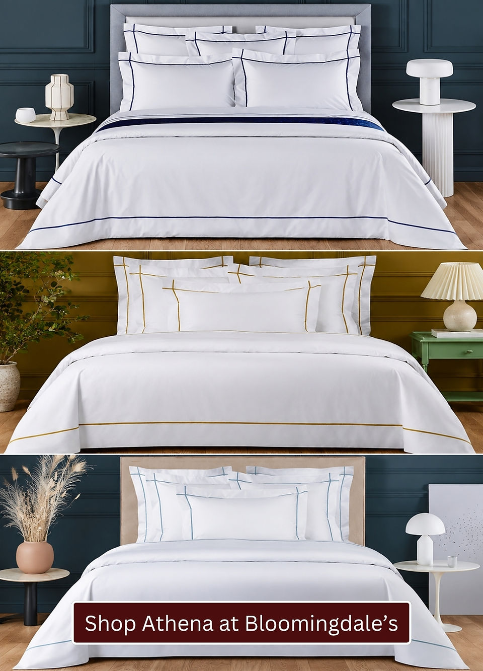 Yves Delorme Athena luxury bedding collection featuring crisp white bed linens with refined contrast piping in navy, gold and pale blue, styled with coordinated pillow shams and duvet covers.