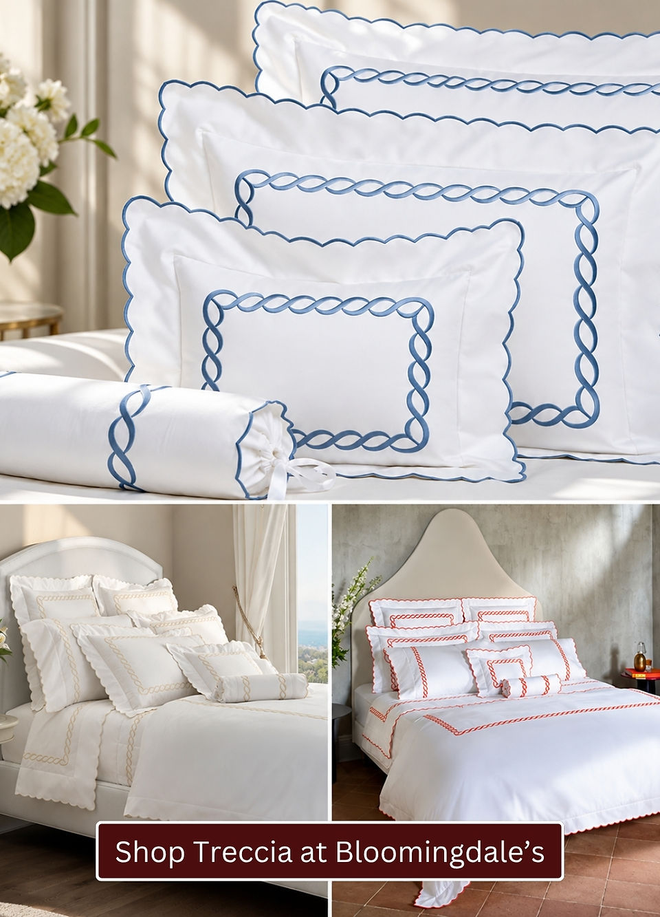 Pratesi Treccia luxury bedding collection featuring white bed linens with braided embroidery, scalloped edges and coordinated decorative pillows.