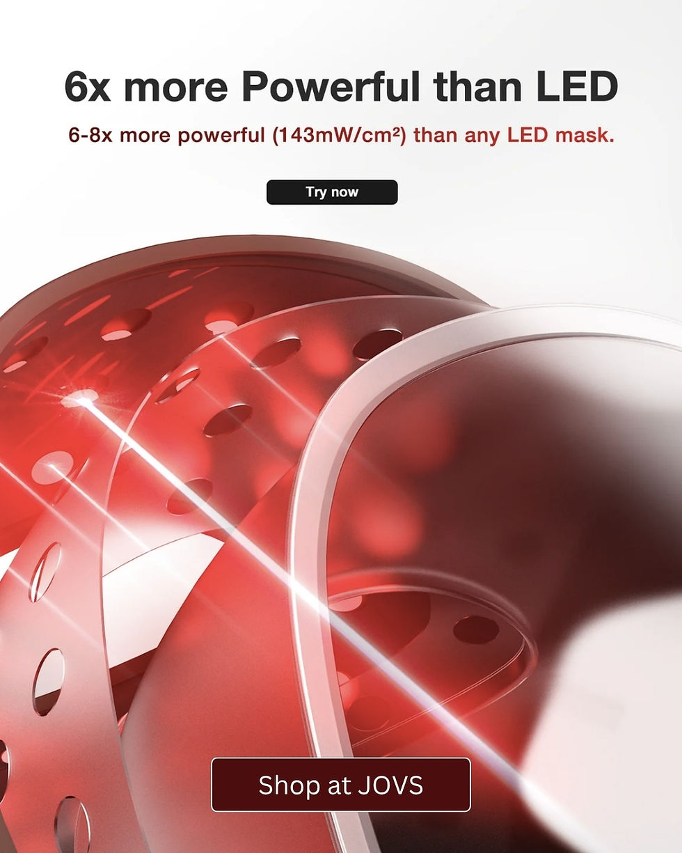JOVS 4D Laser Mask device showing internal laser zoomed in details: The overlay text says that this mask is 6x more powerful than an LED mask
