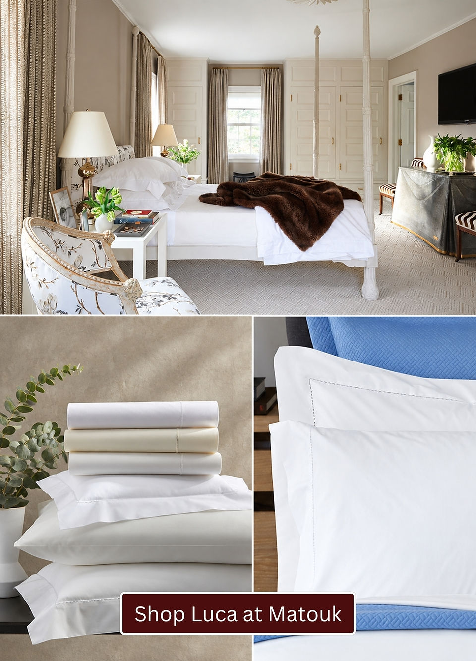Matouk Luca Hemstitch luxury bedding collection featuring white, bone and ivory Egyptian cotton percale sheets with delicate hemstitch detailing.