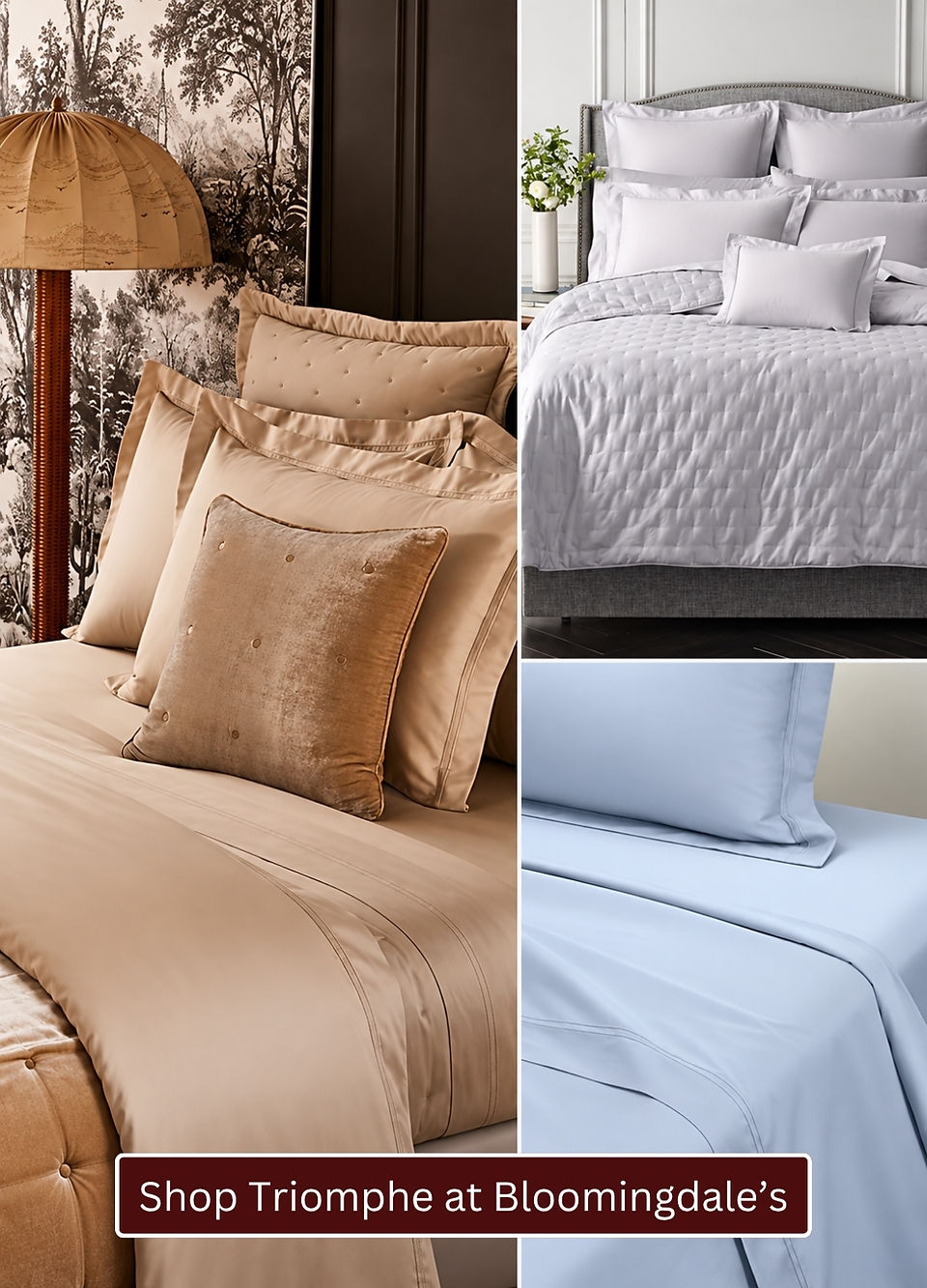 Yves Delorme Triomphe luxury bedding collection featuring elegant solid-color bed linens in champagne, white and pale blue, with smooth sateen finishes and coordinated pillow shams.