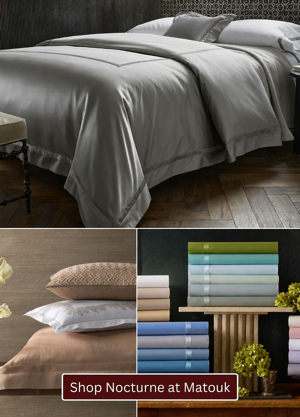 Matouk Nocturne luxury bedding collection in platinum and assorted colors, featuring Egyptian cotton sateen sheets, duvet covers and pillowcases.