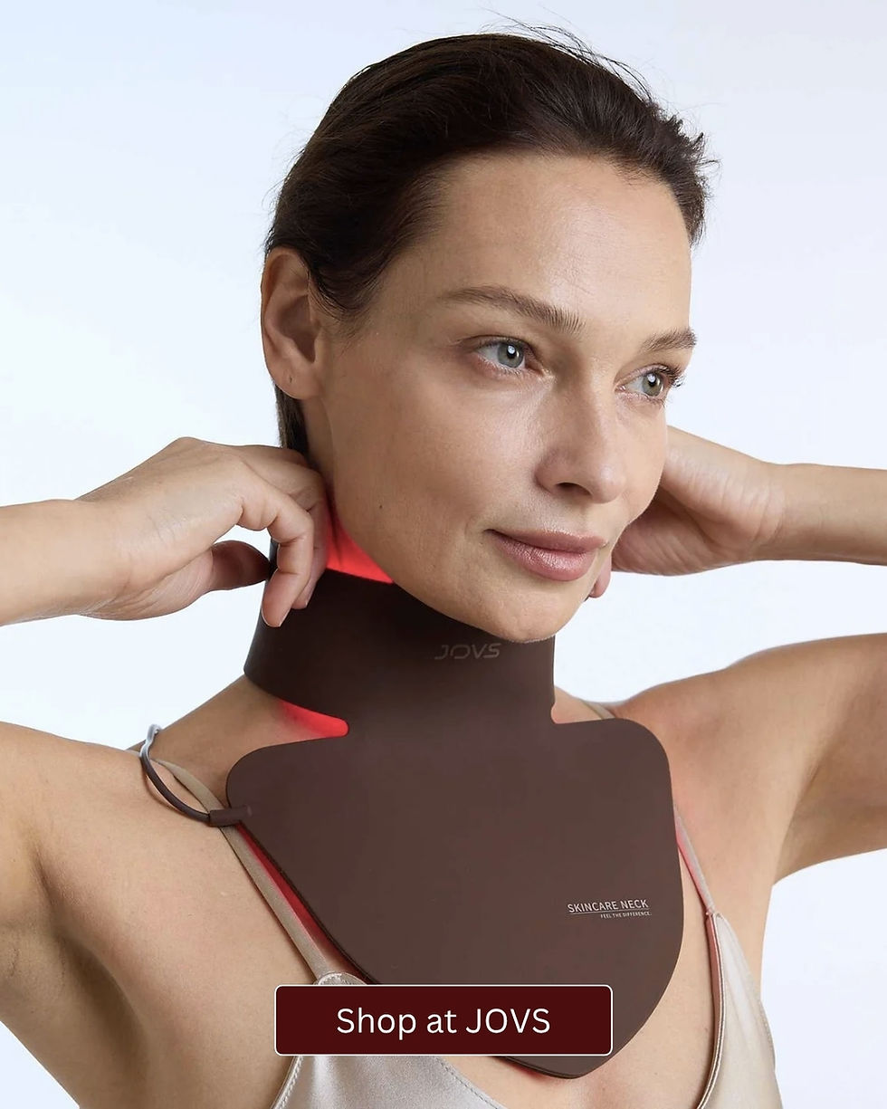 A woman demonstrating how to use the JOVS LED Light Neck and Chest Mask