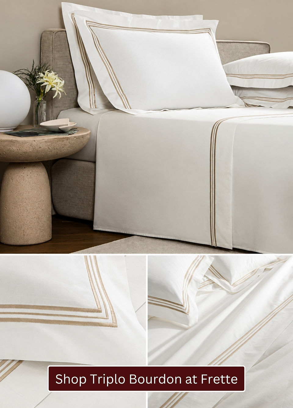 Frette Triplo Bourdon luxury bedding collection featuring cotton poplin sheets, duvet covers and pillow shams with signature three-line embroidery.