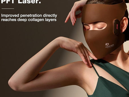 JOVS 4D Laser Mask device in use. Text overlay reads: 6X MORE POWERFUL THAN LED PFT Laser. Improved penetration directly reaches deep collagen layers. Visual demonstrates lifting and face tightening.