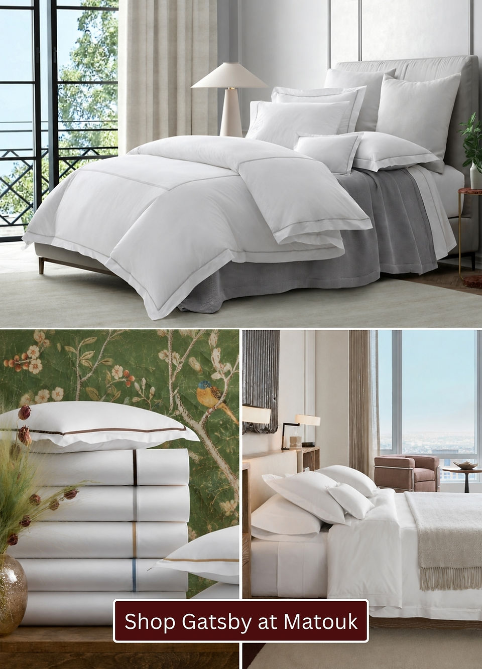 Matouk Gatsby luxury bedding collection featuring Giza 87 Egyptian cotton percale sheets in White, Sable, Champagne, Hazy Blue and Silver.