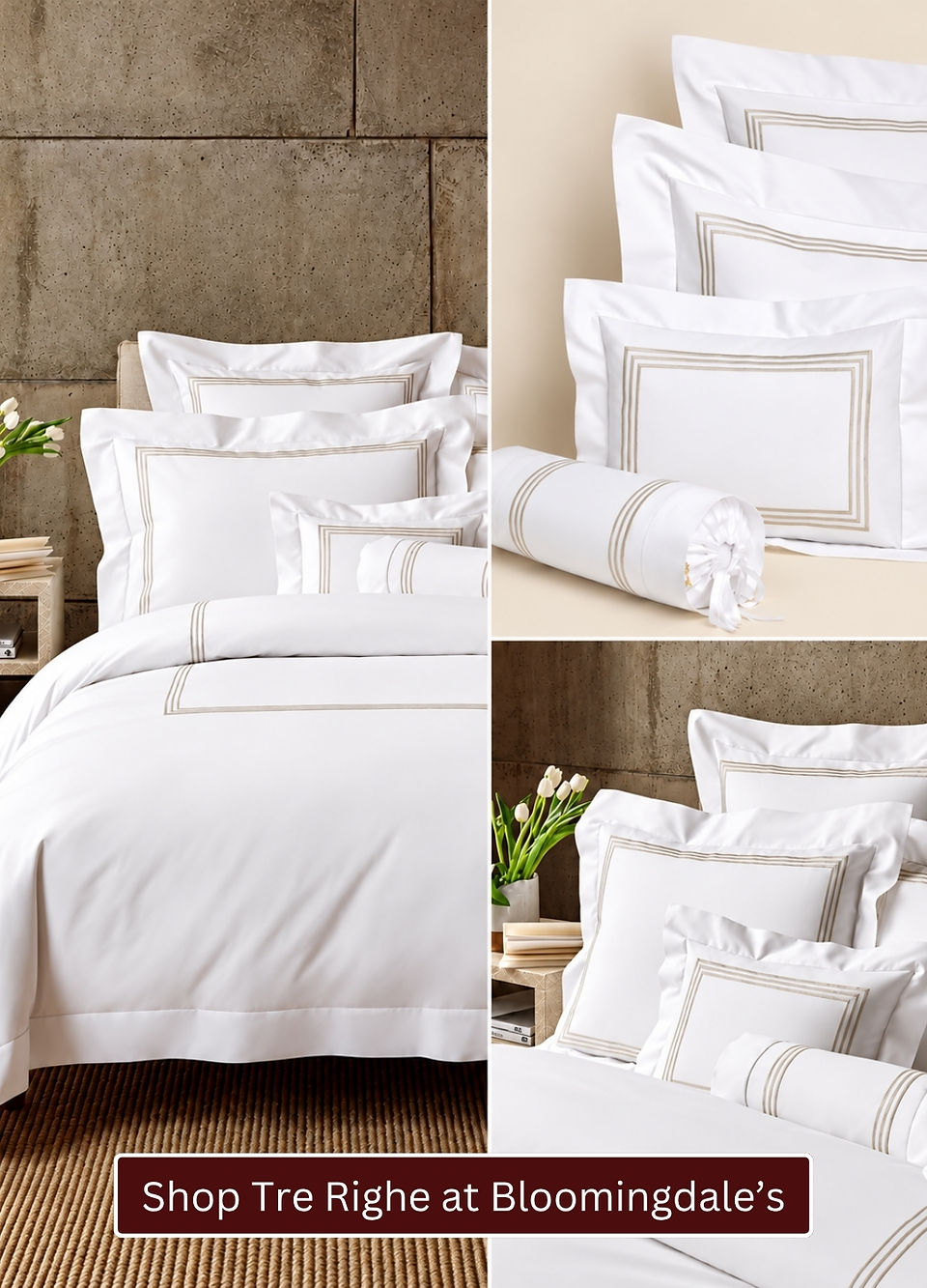 Pratesi Tre Righe luxury bedding collection featuring white bed linens with signature triple-line embroidery, coordinated pillow shams and bolster cushions.